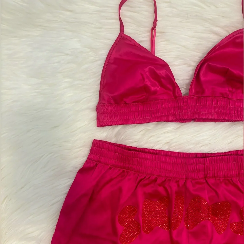 SKIMS Woven Shine Rhinestone Logo BOXERS & BRA in Raspberry - Picture 5 of 13